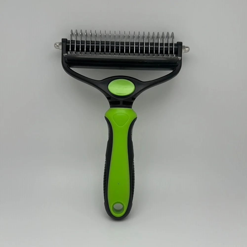 Green and Black Dog Deshedding Brush with Ergonomic Handle
